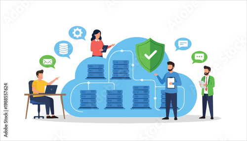 Cloud computing infrastructure with people managing data, security, and network operations.