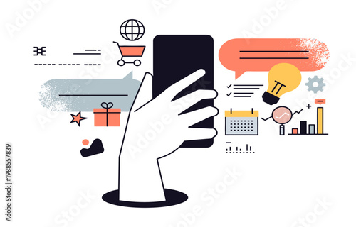 Hand holding smartphone with business and shopping icons conceptual illustration of mobile commerce and digital services social media light bulb smartphone technology internet shopping