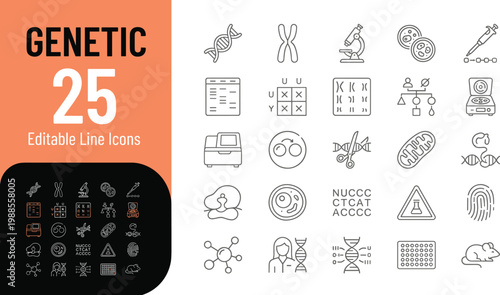 A collection of 25 editable line icons related to genetics in a flat design style, suitable for use in educational materials, scientific publications, and medical marketing.