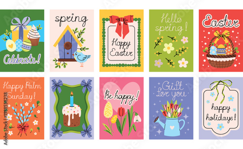 Colorful set of designs for Easter and Palm Sunday. Christian celebrations of the resurrection, religious symbols, church tradition and spring season. Printable covers for greeting cards, posters, ect
