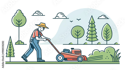 Flat Design Lawn Mower Vector Illustration for Gardening Services and Yard Care