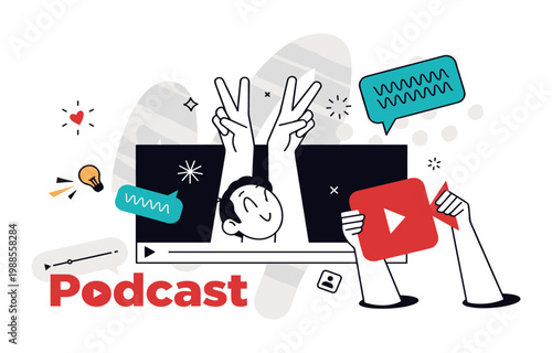 Podcast creation and recording concept with hands holding play button and screen recording broadcasting creation communication internet equipment microphone entertainment interview computer