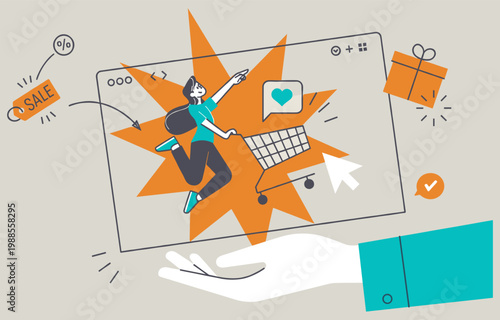 Online shopping concept with person running towards cart and sale tags e commerce shopping e commerce discount promotion purchase consumer internet business illustration explosion feedback