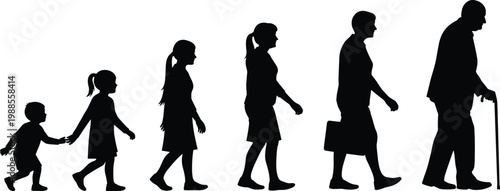 Human life cycle silhouette from child to elderly stages, aging process concept with walking people evolution and growth timeline illustration
