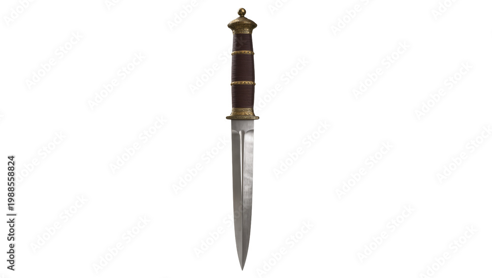 Αυτοκόλλητο Ornate antique dagger with polished steel blade and dark brown leather handle, i