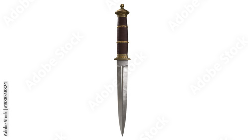 Ornate antique dagger with polished steel blade and dark brown leather handle, isolated on transparent background