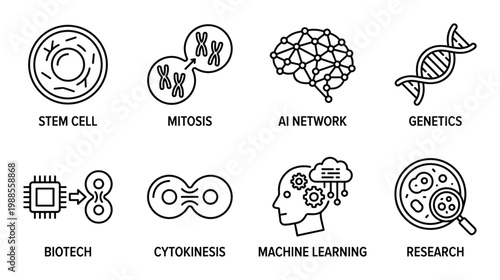 Collection of science and technology icons biology medicine research and artificial intelligence.