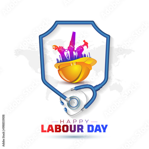 Labour, worker safety and health at work. International Labor Day promotion concept. Helmet and stethoscope vector illustration.