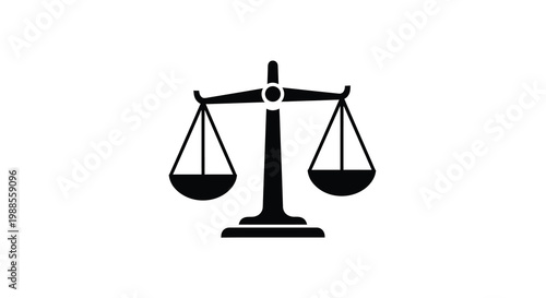 A simple black and white illustration depicts a traditional balance scale symbolizing fairness and justice