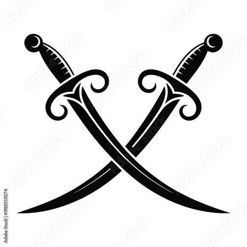Two crossed scimitars in a black and white vector illustration
