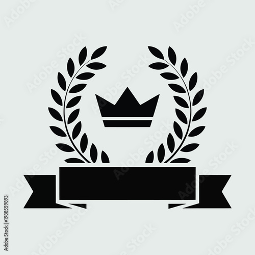 A black laurel wreath surrounds a crown and ribbon banner emblem
