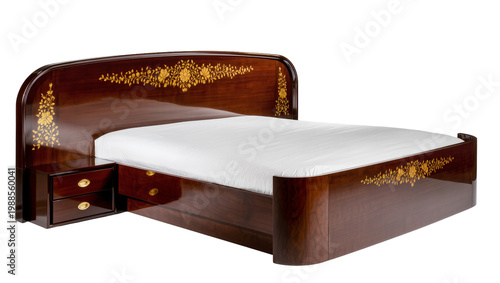 Фотография Ornate dark wood bed with gold inlay and white mattress, isolated on transparent
