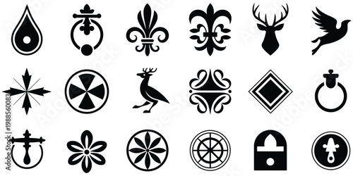 black decorative door knocker silhouettes set including antique medieval and ornamental styles, isolated architectural elements illustrating vintage metal hardware design for elegant historic door 