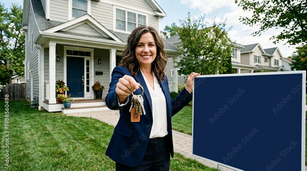 Fototapeta premium Smiling real estate agent holding house keys in front of suburban home with blank signboard, property sale concept