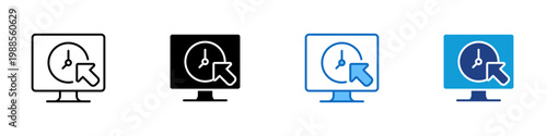 Time Tracking Multiple Style Icon Design Vector - Monitor with clock and cursor representing time tracking, productivity monitoring, and work session control