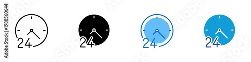 24 Hour Service Multiple Style Icon Design Vector - Clock with 24 marking representing continuous service, round the clock availability, and nonstop operation