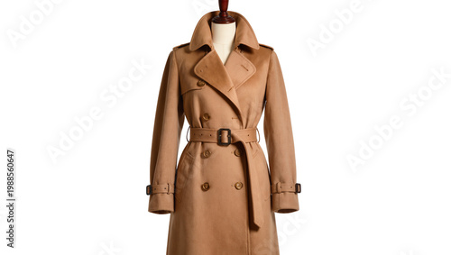 Canvastavla Classic camel trench coat with double-breasted buttons and belt, isolated on tra