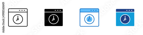 Window Timer Multiple Style Icon Design Vector - Application window with clock representing software scheduling, interface timing, and system reminder