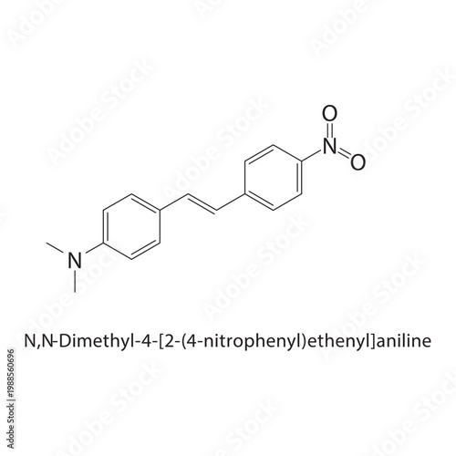 N,N-Dimethyl-4-[2-(4-nitrophenyl)ethenyl]aniline skeletal structure. aromatic amine compound schematic illustration. Simple diagram, chemical formula.