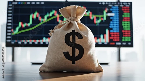 A money bag with a dollar sign sits on a table in front of a computer screen displaying a VIDEO stock market graph showing increasing money.