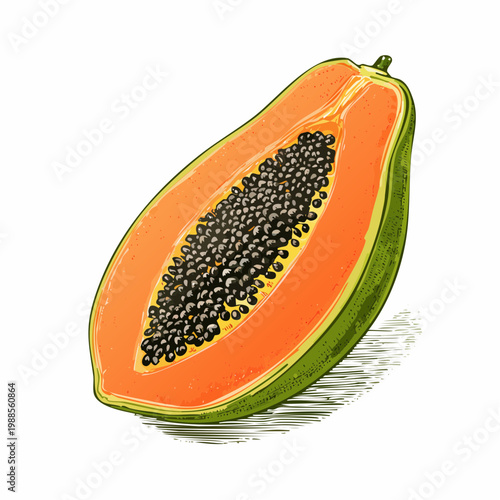 A vibrant illustration of a halved papaya showcasing its orange flesh and black seeds