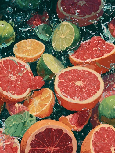 Assortment of fresh citrus fruits floating in water, creating a vibrant and refreshing scene. Featuring grapefruit, oranges, and lime slices.