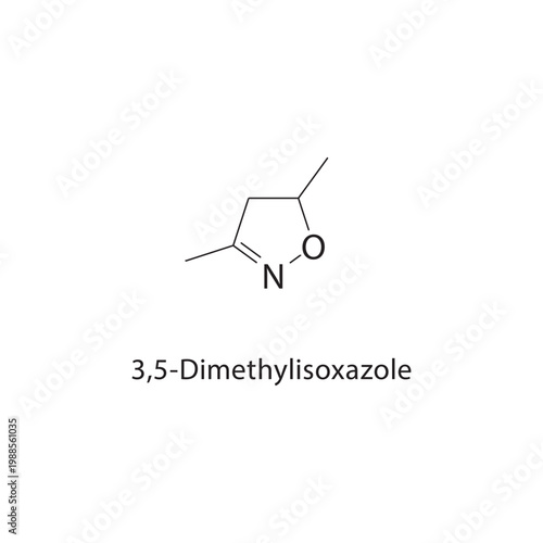 3,5-Dimethylisoxazole skeletal structure. isoxazole compound schematic illustration. Simple diagram, chemical formula.