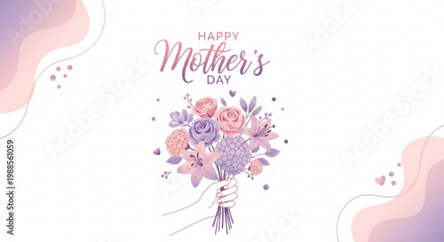 Happy mother's day bouquet of flowers in pink and purple hues with hand holding stems and decorative hearts on white background with abstract shapes