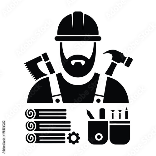 Construction worker icon featuring tools, a beard, and a protective helmet