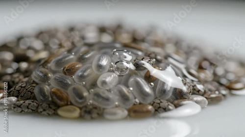 Macro shot of chia seeds hydrating in water, showcasing the gelatinous texture and swelling process, healthy eating concept