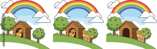 Dog House Cartoon Vector Illustration Set with Cute Puppies Rainbow and Garden Scene Collection