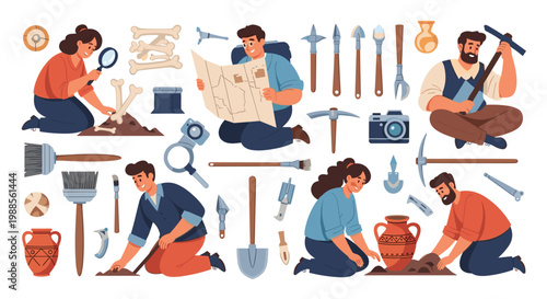 Professional archaeologists and paleontologists excavating ancient fossils and artifacts with specialized tools in flat vector style.