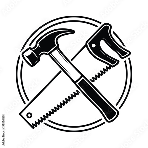 Black and white illustration of a hammer and handsaw crossing