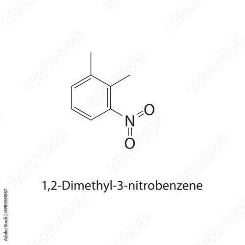 1,2-Dimethyl-3-nitrobenzene skeletal structure. nitro compound compound schematic illustration. Simple diagram, chemical formula.
