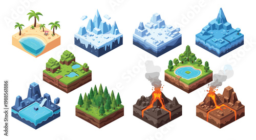 Set of isometric environment tiles featuring tropical islands snowy mountains green forests and volcanic landscapes for game design.