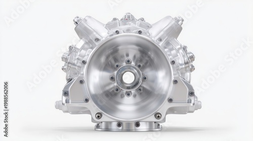 Metallic engine component detailed view isolated on white background