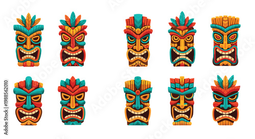 Vibrant collection of traditional tiki masks with fierce expressions and colorful tribal patterns in stylized vector illustration.