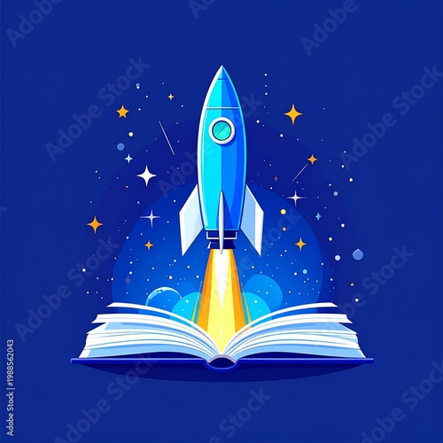 futuristic rocket launching from open book into starry space for education and innovation