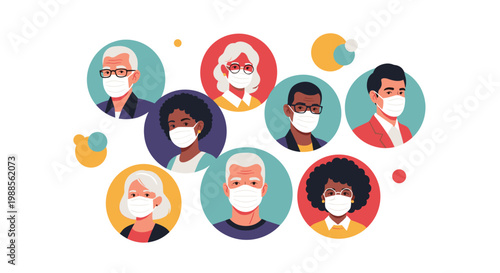 Diverse group of multiracial people wearing medical face masks for protection against viruses and pollution in circular frames.