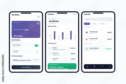 Mobile app UI screens, financial dashboard, banking interface, smartphone mockup