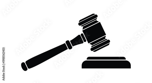 A black silhouette depicts a gavel resting on a sound block symbolizing law and order