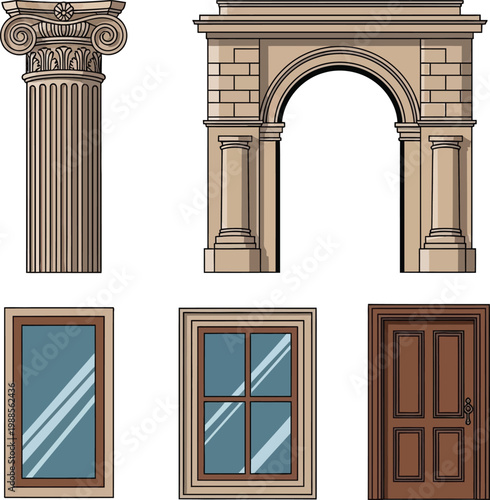 Classical architectural elements column arch window door and window pane isolated on transparent background.