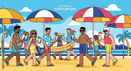 People walking on beach with colorful umbrellas and flip flops on national flip flop day