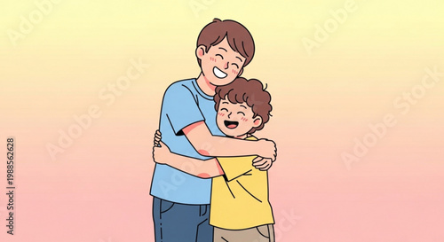 A man and a boy share a warm hug with happy smiles on their faces against a soft gradient background