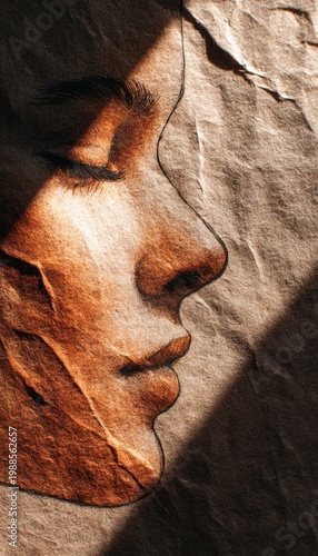 Abstract Face in Shadow, Serene Profile, Contemplative Portrait on Texture