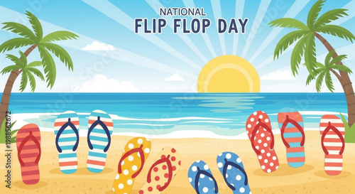 Colorful flip flops on a sunny beach with palm trees and ocean view on national flip flop day