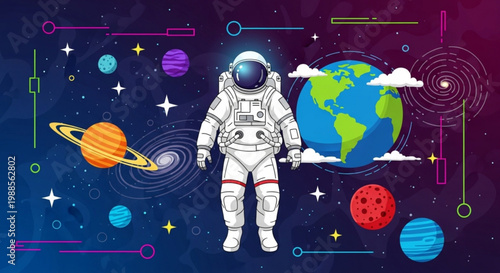 Astronaut floating in space with earth and planets stars and galaxies in the background cosmic exploration concept