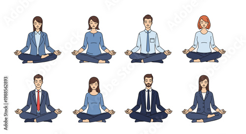 Group of professional men and women in business suits sitting in lotus position and meditating for stress relief.