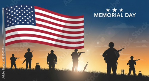 Patriotic memorial day scene with american flag and soldiers silhouettes at sunset