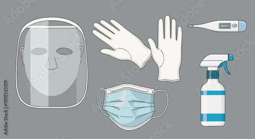 Essential personal protective equipment kit including face shield medical mask gloves hand sanitizer and thermometer on gray background.